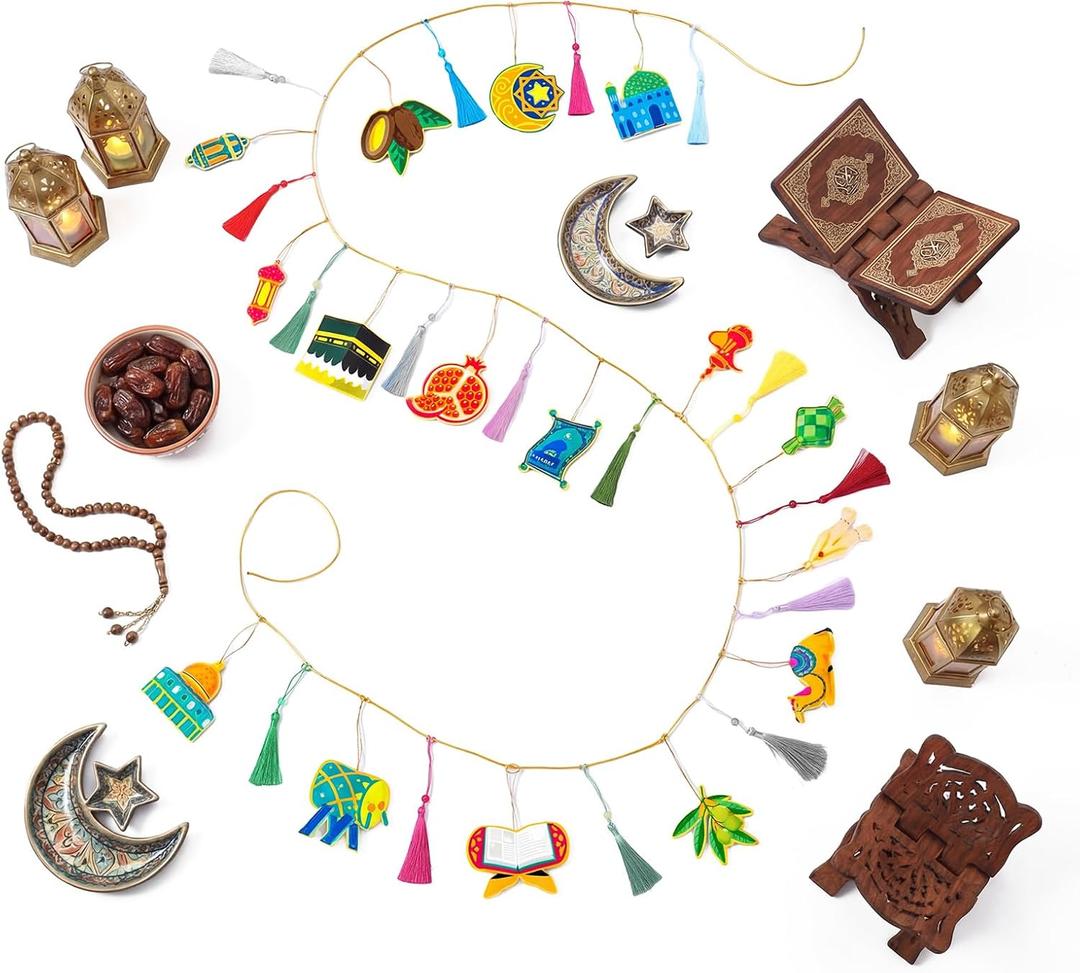 Batiyeer 32 Pcs Eid Mubarak Decorations 3D Felt Ramadan Banner Set with Lantern Moon Palace for Islam Muslim Celebration Lesser Bairam Party Hanging Decor