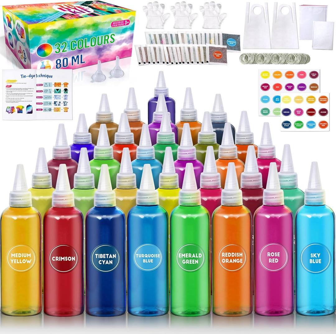 PATIFEED Tie Dye Kit for Kids and Adults, 32 Colours 80ML Bottles, Gifts for Girls and Boys, Large Groups Activities, Handmade Party