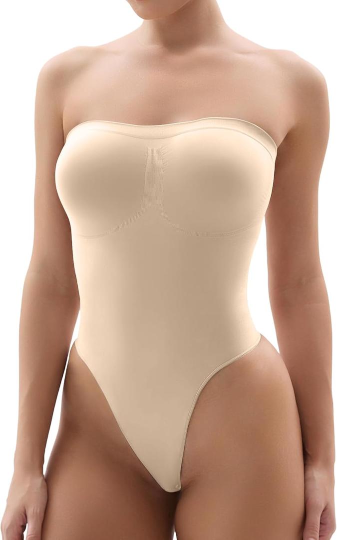 SHAPERX Strapless Shortie Bodysuit for Women Tummy Control Shapewear Seamless Body Shaper with Removable Straps (Small-Medium, Beige Thong)