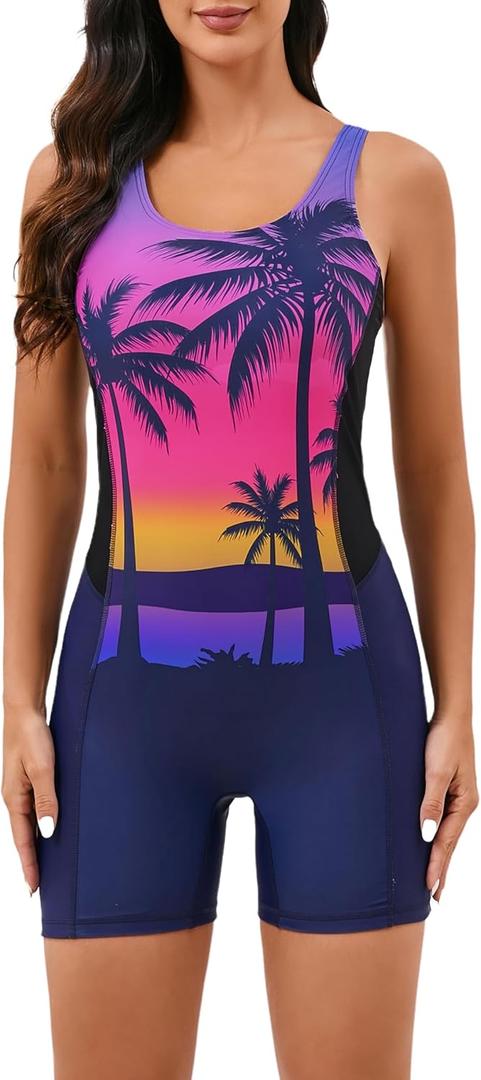 Halcurt Women's Boyleg Athletic One Piece Swimsuit with Boyshorts Racerback Sport Bathing Suit (XX-Large, Navy/Coconut Tree)
