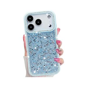 EYZUTAK for iPhone 17 Pro Case, Luxury Bling Shiny Glitter Sequin Phone Case with Sparkly Crystal Diamonds Rhinestone Border Aesthetic Cute Slim Soft Durable TPU Protective Cover for Women, Girls, Blue