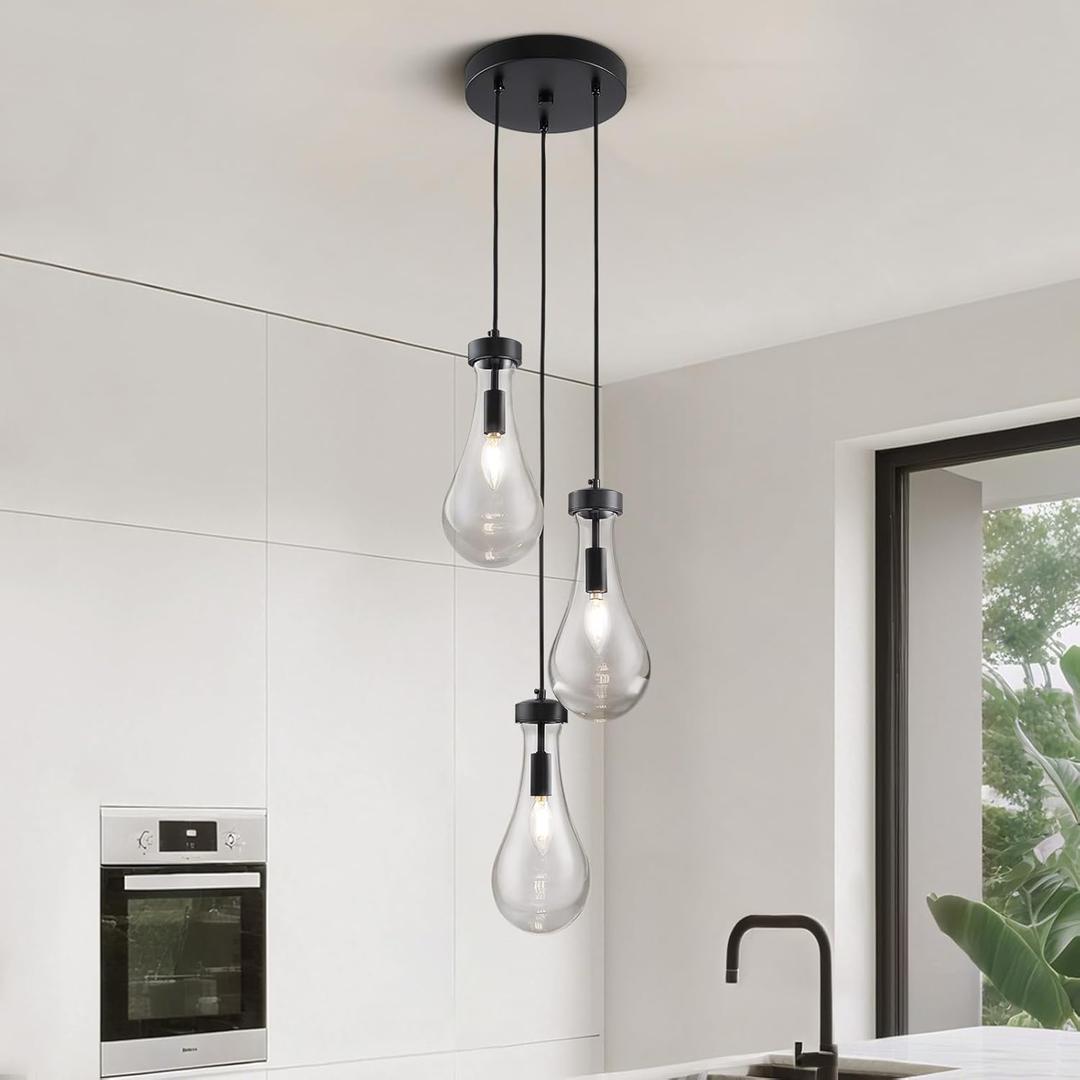 Raindrop Pendant Light Fixtures 3 Lights Black Pendant Lights Black Glass Pendant Lighting Clear Solid Glass Pendant Light Modern Hanging Chandeliers for Entryway Foyer Kitchen Island Living Room (D8.7")