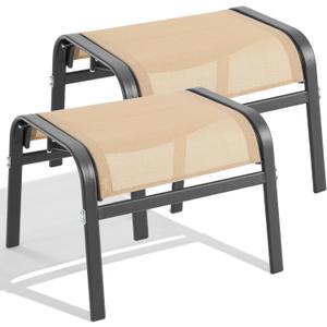 ONBRILL Outdoor Ottoman Set of 2, All Weather Outdoor Foot Stool with Supportive Textliene and Metal Frame, Stackable Oversized Outdoor Foot Rest for Furniture Patio Garden Pool, Beige