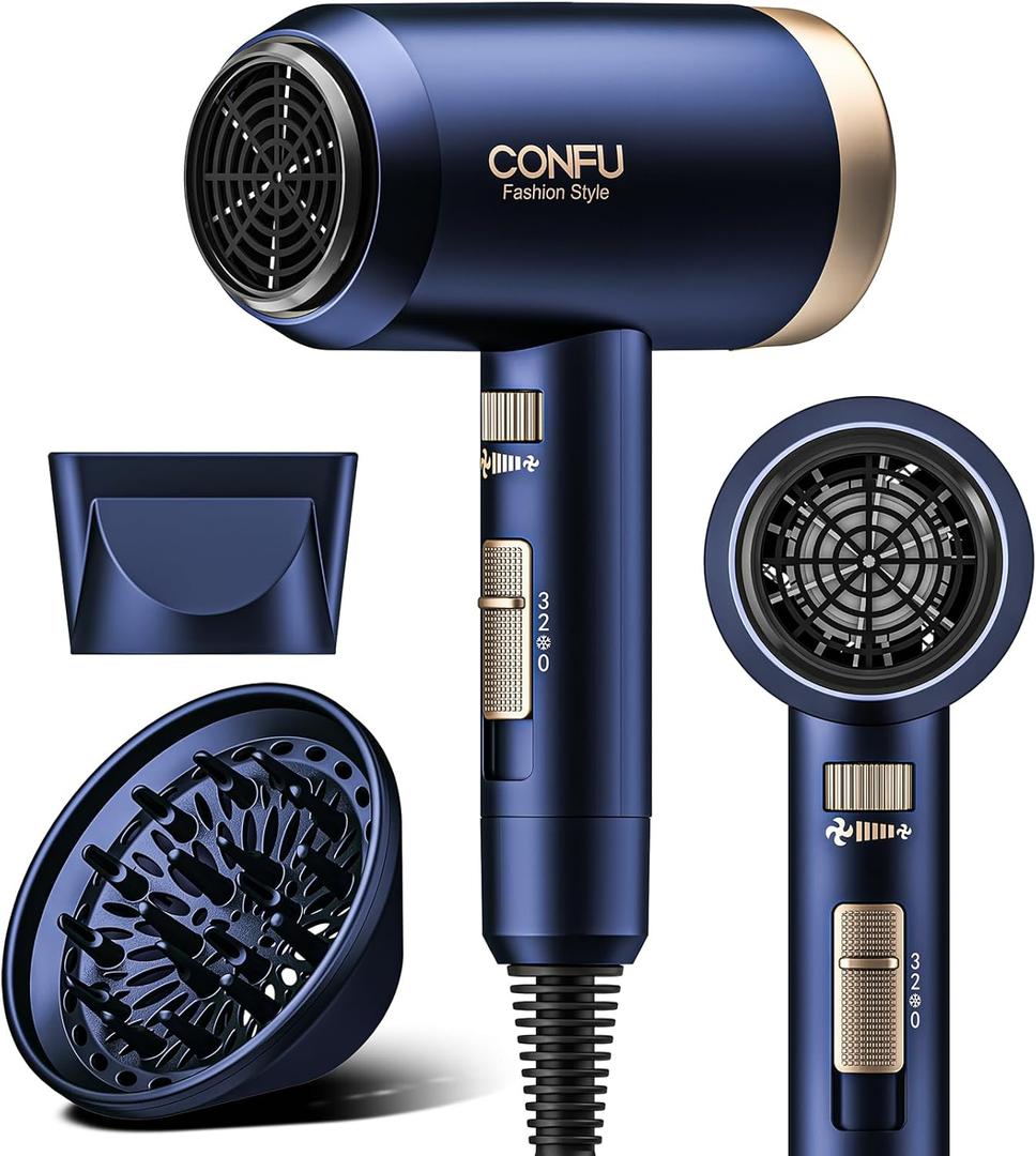 Hair Dryers for Women, CONFU Hair Dryer with Diffuser, Blow Dryers for Men, Hairdryer with Diffuser Attachment, Portable Lightweight Fast Drying Negative Ion Hairdryer for Home (Blue)