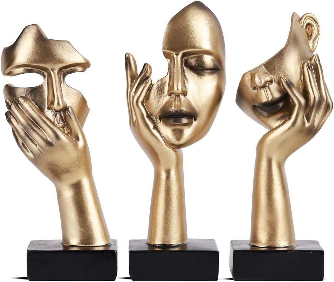 3 Pcs Thinker Small Statue Set - Golden Black Abstract Art Sculpture Modern Living Room Shelf Aesthetic Decor Coffee Table Office Bookshelf Bathroom Counter Decor (3 PCS Gold)  
