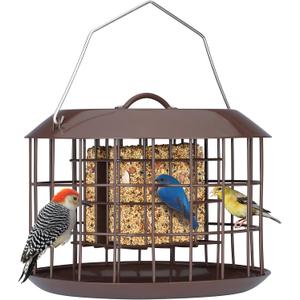 Kingsyard Squirrel Proof Suet Feeder, Cage Bird Feeders for Outdoors Hanging, All Metal, Double Suet Cake Capacity, Tray & Weatherproof, Brown