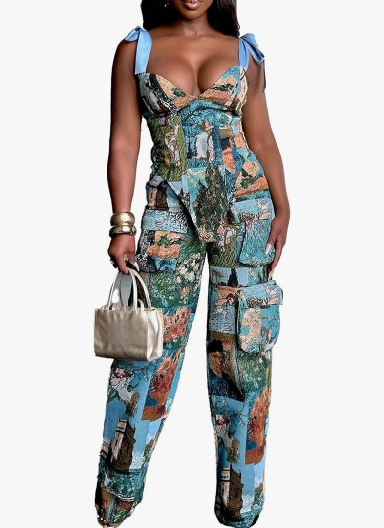 Molilove Sexy 2 Piece Sets for Women Pattern Print Sleeveless Crop Top and Wide Leg Pants with Pockets Soft Stretchy Outfits, S