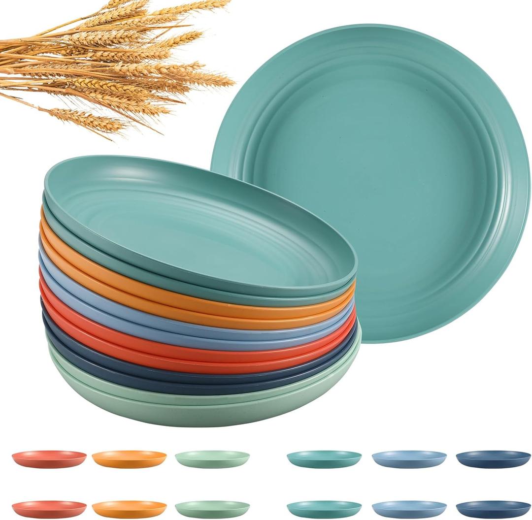 HEYCOME 12 Pcs Unbreakable Deep Dinner Plates Set, 10 inch Reusable Plastic Wheat Straw Plates, Microwave and Dishwasher Safe Plate for Kitchen, Lightweight Plate for Dessert, BPA Free, 6 Colors (6-Dark Multicolor)
