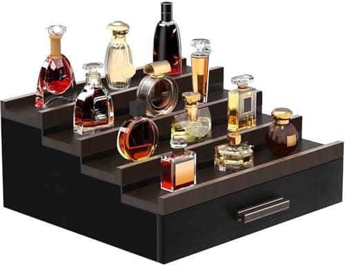 Zalida Wooden Cologne Organizer for Men 4 Tier of Perfume Display Holder of Drawer & 2 Hidden Compartments Larger Storage Space Mens Perfume Organizer Shelf Stand,Gift for Man (4T-Black Brown)