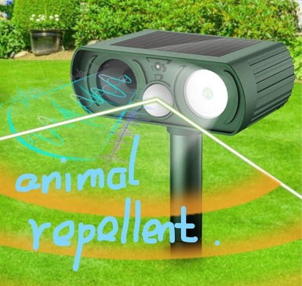 Upgraded Solar Ultrasonic Animal Repellent Outdoor, Deer Repellent Devices Squirrel Cat Raccoon Rabbit Dog Deterrent, Keep Skunk Away Motion Detection with Flash Light for Yard Garden Lawn