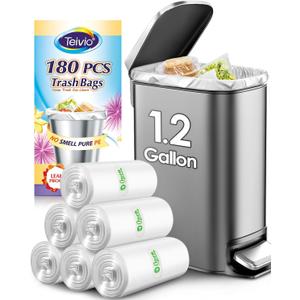 1.2 Gallon 180 counts Small Strong Trash Bags 5 Liter Garbage Bags by Teivio, Bathroom Trash Can Bin Liners, Plastic Bags for home office kitchen, Clear