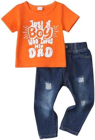 Toddler Boy Clothes Baby Boy Outfit Letter Prints Hoodies Top Ripped Jeans Cute Boys Clothing Set Fall Winter (18-24 Months, Orange)