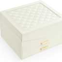 Amearea Jewelry Box Organizer for Women Girls with Mirror, 3-Layer Large Jewelry Storage Case, Synthetic Leather Jewelry Holder Organizer with Removable Tray for Necklaces Earrings Rings, White