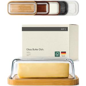KIVY Glass butter dish with airtight lid that keeps butter soft - For countertop and refrigerator door shelf - Butter tray with lid fridge - Butter holder for counter - Covered butter dishes