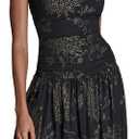 BCBG Women's Strapless Round Neck Floral Drop Waist Maxi Dress, Black/Gold, 12