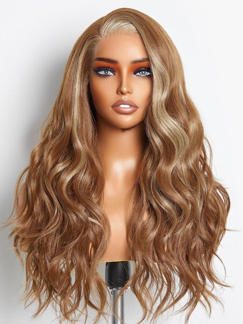 GORGIUS Brown Mixed Blonde Highlights Wigs Glueless Body Wave Ombre Wig Pre Plucked with Natural Hairline Lace Frontal Wigs Blonde Brown Colored Wigs 22 Inch Long Wigs Fiber & Remy Human Hair Blend (Highlight Blonde)