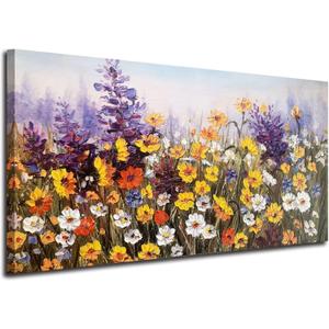 Ardemy Flower Canvas Wall Art for Living Room Daisy Colorful Textured Picture Bedroom Wildflower Painting Purple Yellow Floral Artwork Large Framed for Home Office Wall Decor, 40"x20"