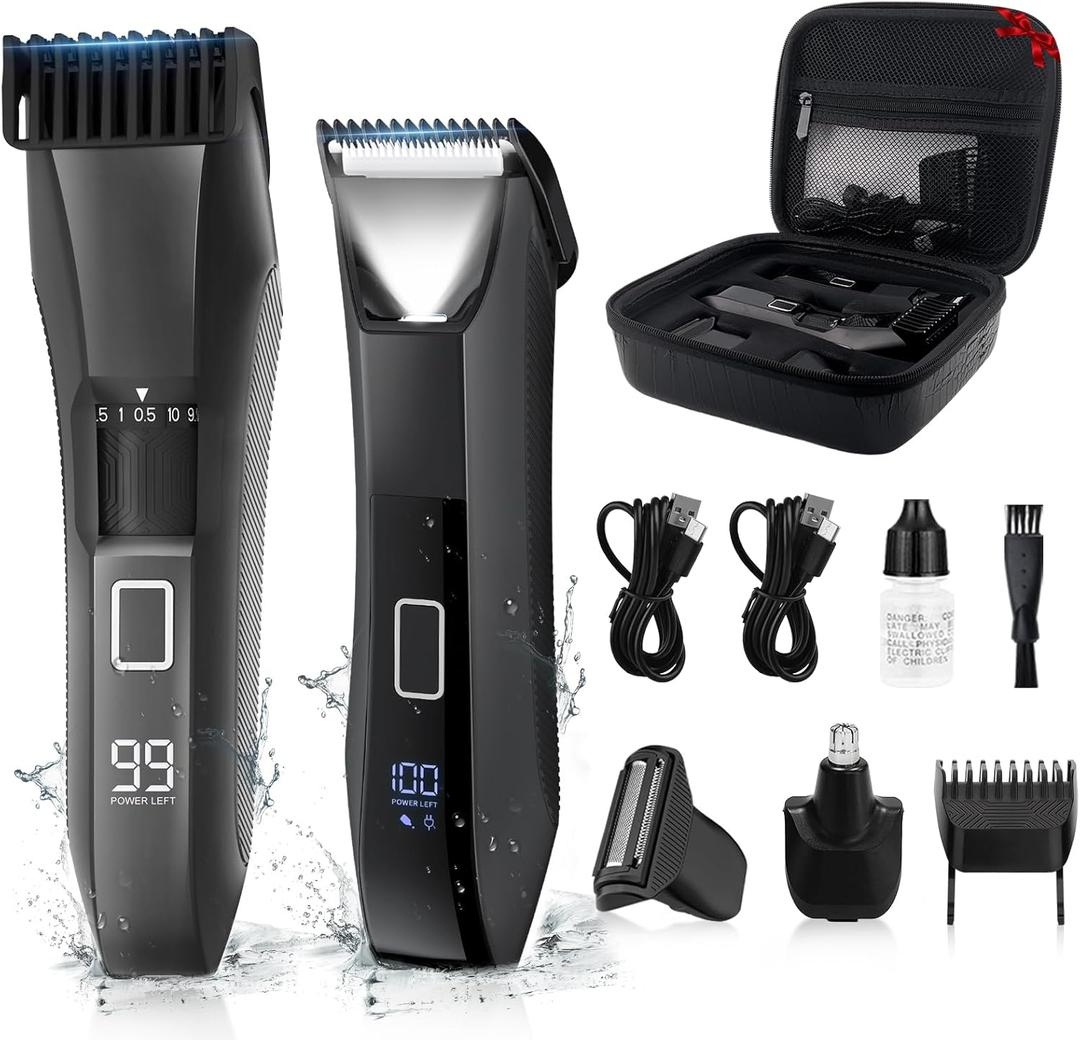 Beatslm Manscape Beard Trimmer for Men, Groin & Body Hair Trimmer, Ball Shaver, Nose Hair Clippers, All-in-One IPX7 Waterproof Men's Wet/Dry Groomer Kit, Rechargeable with Travel Case, LED Display (Tuxedo Black)