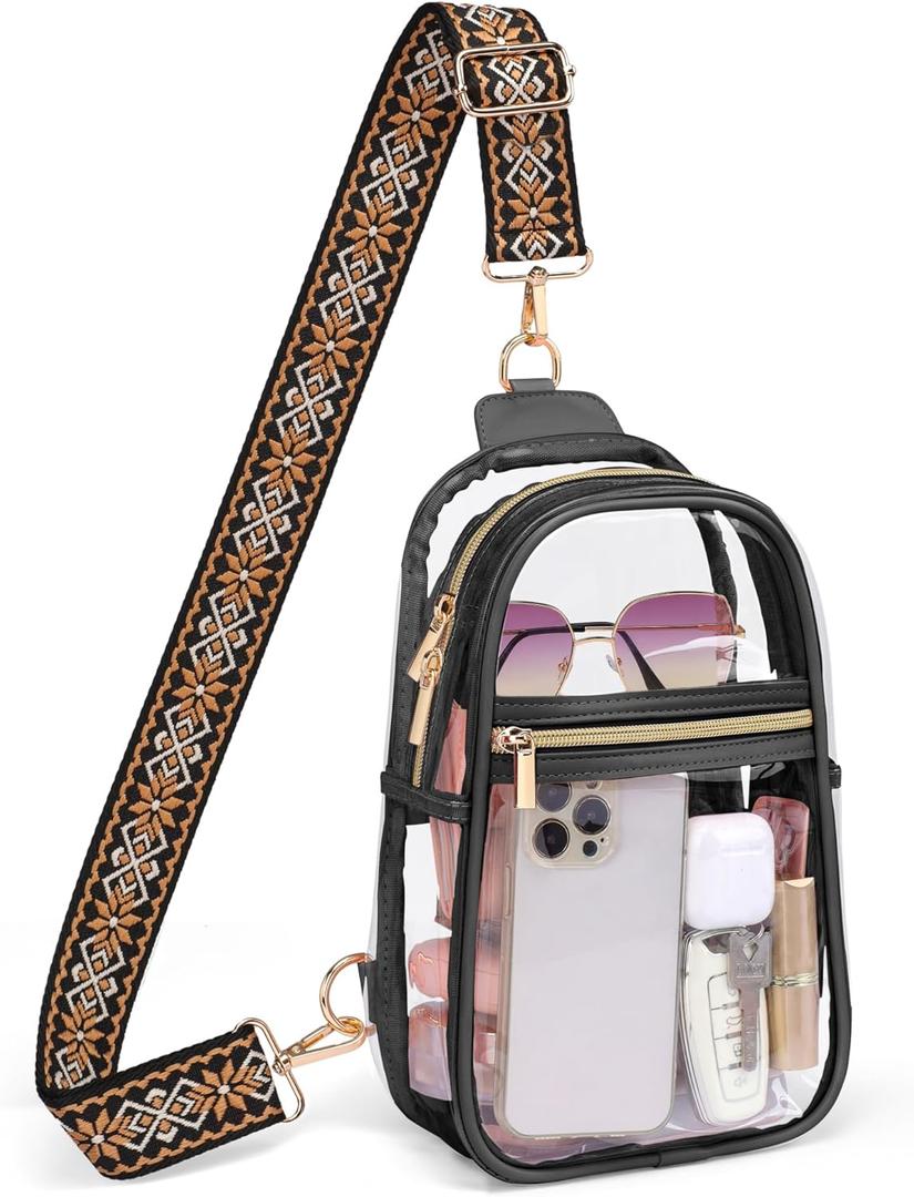 PACKISM Clear Sling Bag Stadium Approved - Clear Bag for Stadium Events & Holographic Bag for Music Festivals Jacquard Strap (01_black)