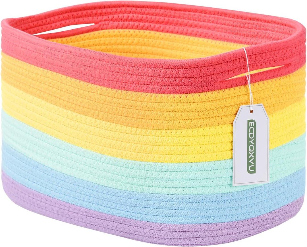 Cotton Rope Storage Basket, 15x10x9 Inches, Woven Basket for Shelves, Clothes, Towels, Books, and Laundry, Rainbow (1 Pack)