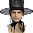 Vintage Style Black Mesh Top Hat with Beaded Neck Strap, Wide Brim Costume Accessory, Gothic Victorian Design