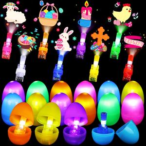 36 Pcs Prefilled Easter Eggs with LED Finger Lights Toys, Easter Party Favors Basket Stuffers for Kids, Easter Egg Hunt, Goodie Bag Fillers, Classroom Prize Supplies, Party Games
