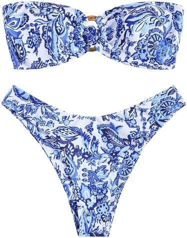 ZAFUL Women's Bandeau Bikini O Ring Strapless Tie Back High Cut Two Piece Swimsuit Bathing Suit, Blue White, S