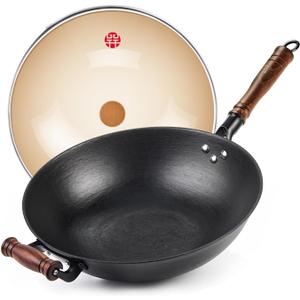 WANGYUANJI Cast Iron Wok,14.1 inch Flat Bottom Wok with Glass Lid,Suitable for All Cooktops, Uncoated Craft Pot Healthy Cooking Pot