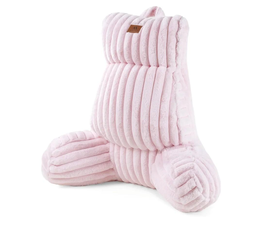 Amélie Home Faux Fur Reading Pillow with Pocket for Sitting in Bed, Adult Backrest Bed Pillow with Washable Cover for Lounging, Watching TV/Gaming/Resting/Post/Surgery/Nursing, Light Pink 25 inches (L)