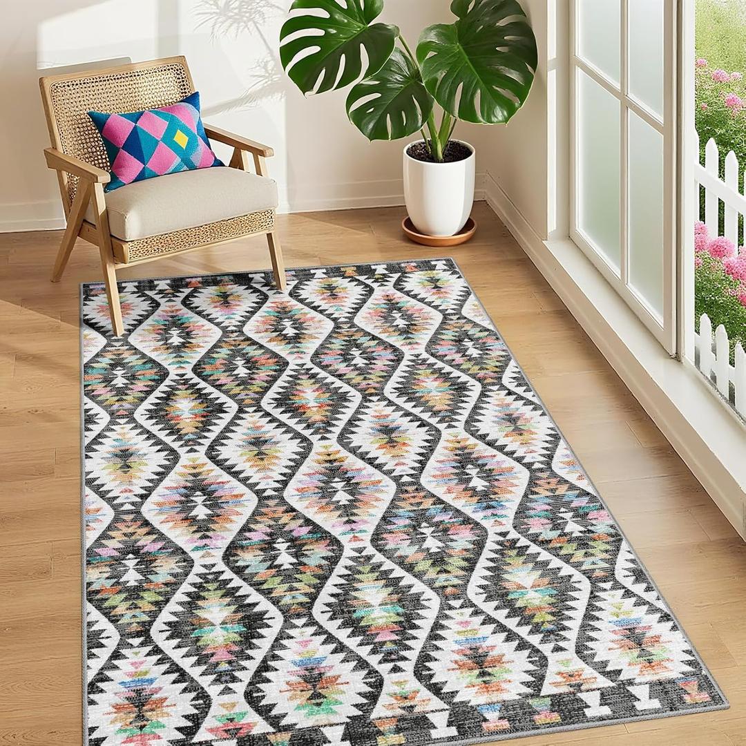 3x5 Rug for Living Room, Washable Black Area Rug, Boho Moroccan Geometric Trellis with Vibrant Hues Non Slip Rug for Large Kitchen, Bedroom Bedside, Entryway,Low Pile Ultra Soft Small Carpet