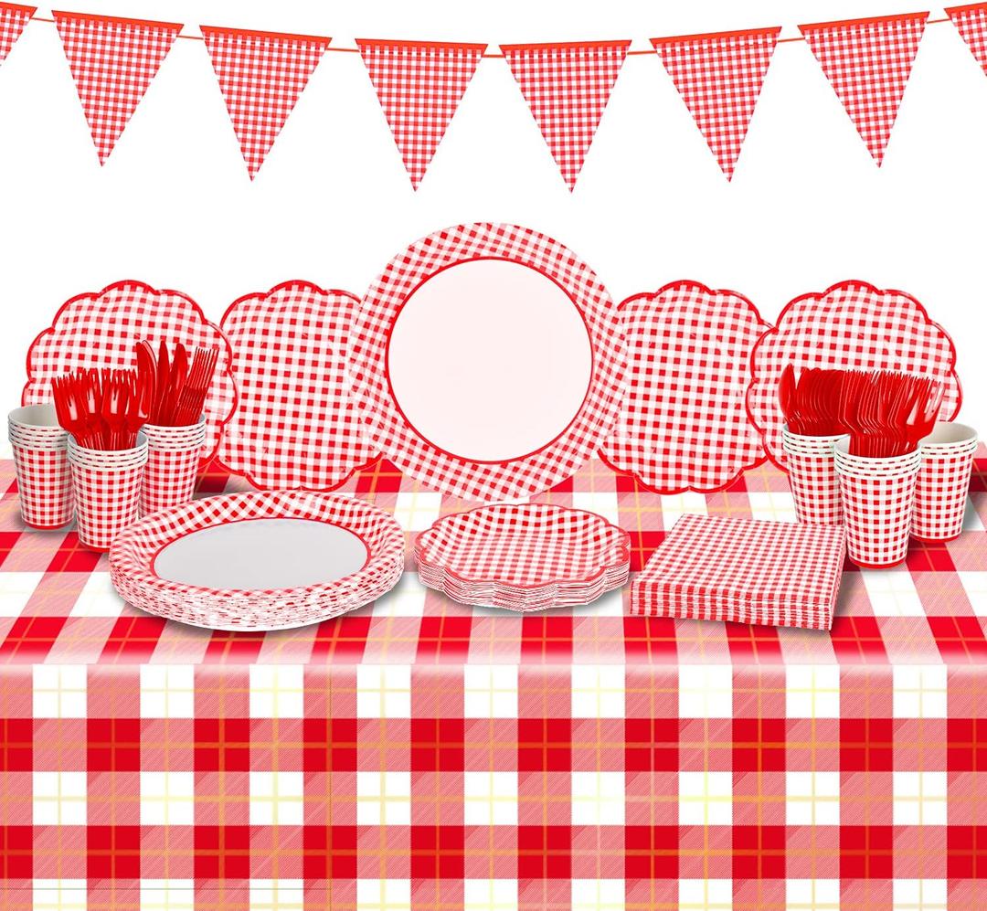 Gatherfun Gingham Red and White Party Supplies Disposable Paper Plates Napkins Cups Knives Spoons Forks Tablecloth Banner for Birthday Party Family Dinner Picnic Barbecue Mother's Day Party, Serve 25