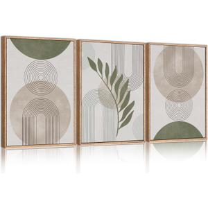 HPINUB Sage Green Boho Framed Canvas Wall Art Set, Minimalist Beige Green Botanical Wall Decor, Abstract Geometric Line Leaf Canvas Painting for Living Room, Bedroom, Dining Room, Office Decor-24"x36"x3