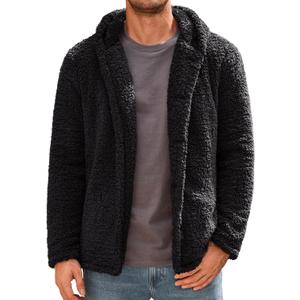 Runcati Mens Fuzzy Sherpa Hoodie Long Sleeve Button Down Fleece Jackets Casual Winter Hooded Sweatshirt (XX-Large, Black)