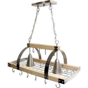 Elegant Designs PR1001-WOD 2 Light Kitchen Wood Pot Rack with Downlights, Wood with Brushed Nickel Accents