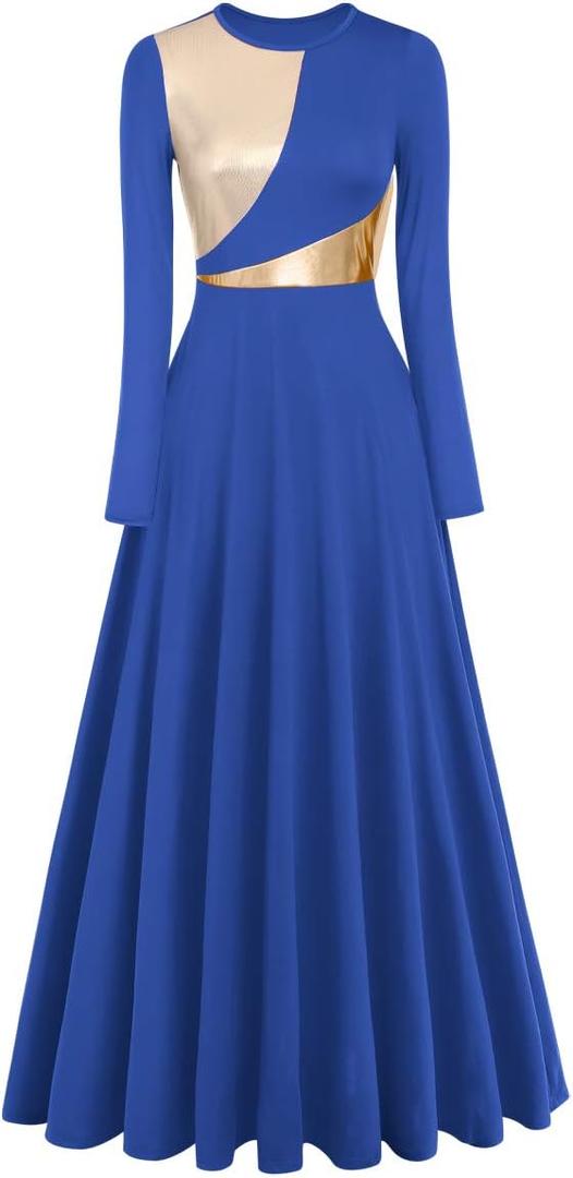 Women Metallic Bi Color Liturgical Praise Dance Dress Long Sleeve Lyrical Dancewear Church Maxi Robe Worship Costume (Small, # Royal Blue + Gold)