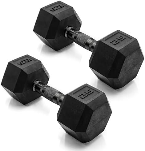 CAP Rubber Coated Dumbbell Weights, Free Weights for Home Gym Strength Training, Anti-Roll Hex Dumbbells with Black, Chrome & Comfort Grip Handles, Pairs & Sets, 25 lbs