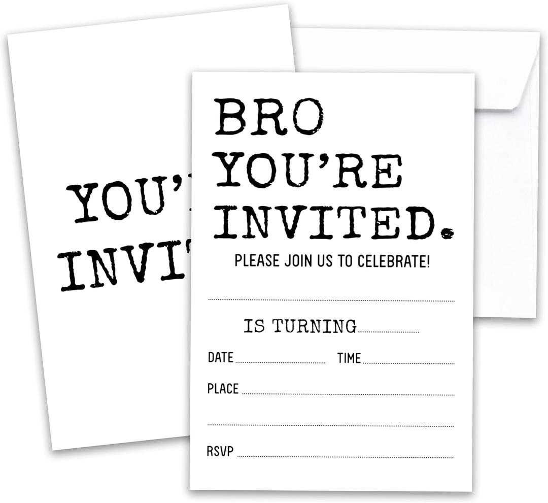 Bro You're Invited, 20 Double-Sided Teen Boy Birthday Party Invitation Cards with Envelopes, Minimalism Birthday Invites for Boys, Party Favors Decorations and Supplies, 30