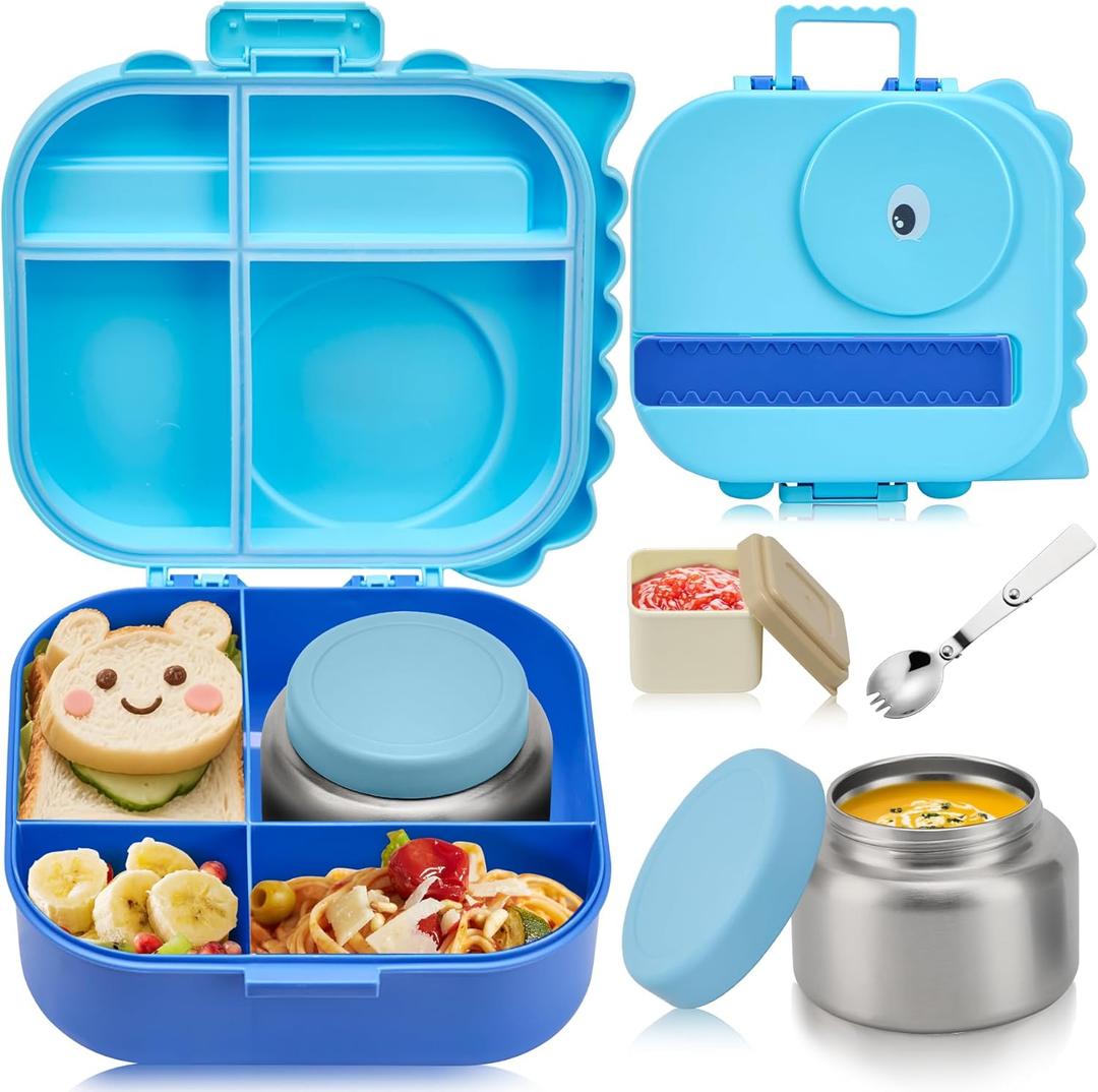 Bento Lunch Box with Thermo, 4-Compartment Bento Box with Adjustable Dividers, Leakproof Dinosaur Lunch Box with 14.2OZ Insulated Food Jar & Sauce Jar, for School Office Travel (Blue)