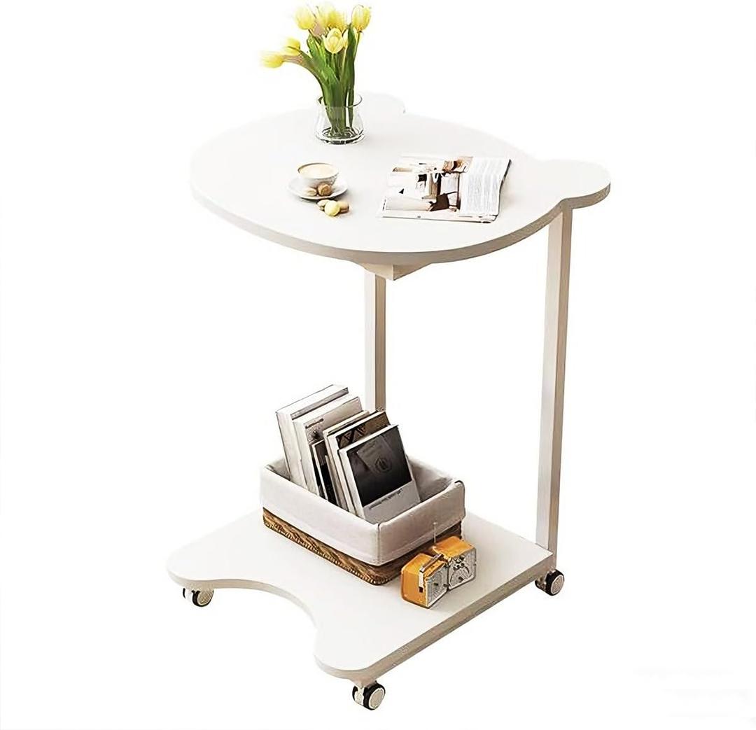 Side Table with Wheels,C Shaped White End Table,Small Side Table for Couch Sofa Table,Round Coffee Table,Mobile Standing Desk,Tall Tv Tray Table for Living Room,Bedroom,Metal Frame