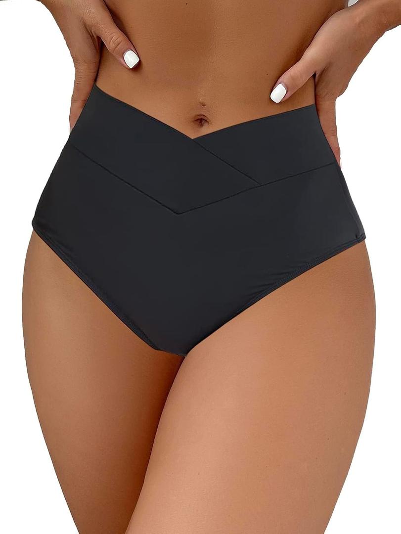 HYTENSUN Women's Bikini Bottom High Waisted V Cut Swimsuit Twist Front Cheeky Swim Bottoms (Large, 843 Black)