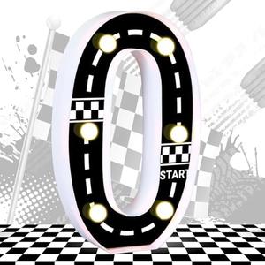 Racing Car Light Up Numbers Checkered Decorations Happy Birthday Light Up Sign Racetrack Inspired Decor Cars Theme Party Decorations Racing Party Supplies (Number 0)