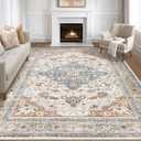 7x9 Area Rug Living Room: Washable Boho Large Neutral Vintage Soft Rug Stain Resistant Distressed Farmhouse Non-Slip Indoor Floor Carpet for Bedroom Nursery Kids Office Dining Room- Beige Blue