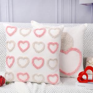 2 PCS Valentines Day Hearts Throw Pillow Covers 18 x 18 Inches Square Beige Pink Heart Linen Embroidered Cushion Cases Soft Decor for Sofa Bed Couch Living Room Home Couple Present Valentine Gift