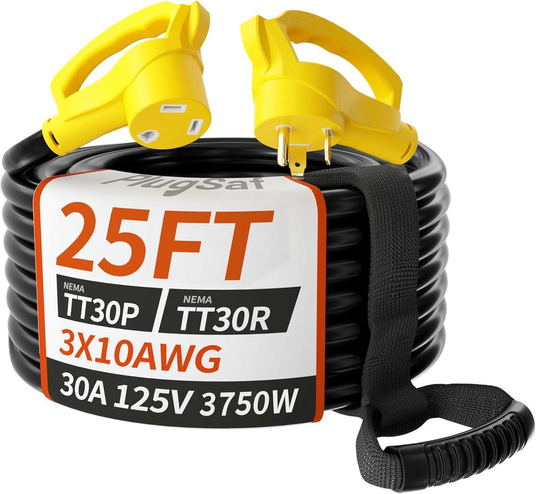 PlugSaf 25 FT 30 Amp RV Extension Cord Outdoor with Grip Handle, Flexible Heavy Duty 10/3 Gauge STW RV Power Cord Waterproof with Cable Organizer, NEMA TT-30P to TT-30R, Black-Yellow, ETL Listed