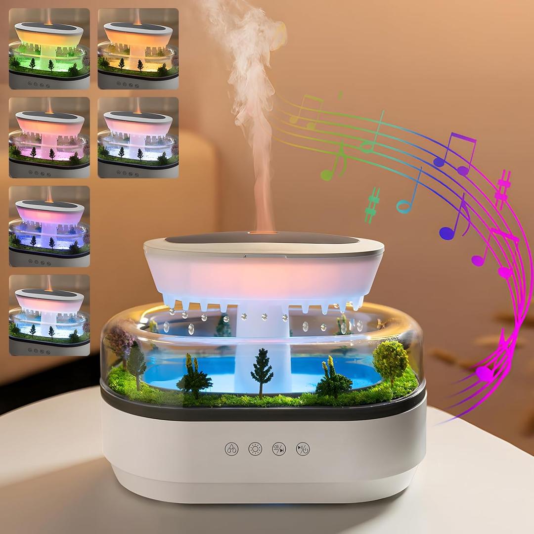 Essential Oil Flame Diffuser 250ml Cloud Rain Humidifier Water Drip Aromatherapy Diffuser Air Humidifier with 7 Colors Light, Micro Landscape, White Noise, Auto-Off for Home Office (White)