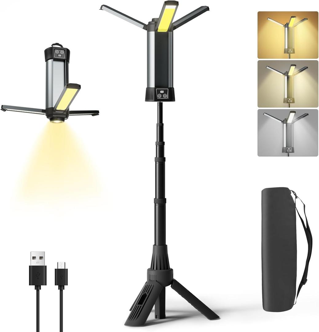 Rechargeable Work Light with Stand, Outdoor LED Cordless Camping Light with Portable Telescopic Bracket, 3.7 Ft Tall 6AH Battery, 2000 Lumen Construction Lights with Carrying Bag