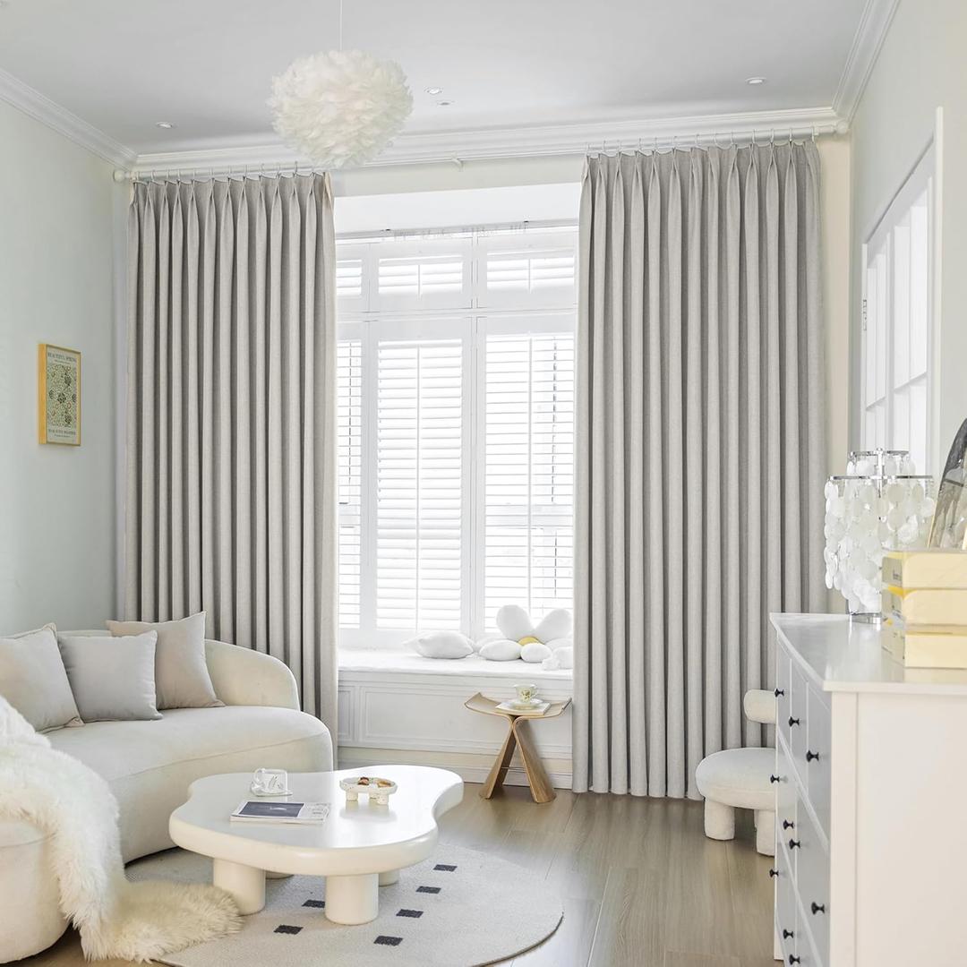 MAIHER Total Blackout 72'' W Pinch Pleated Curtain with Hooks Tieback, Thermal Insulated Linen Textured Pinched Pleated Drape for Sliding Patio Door, Greyish Beige, 1 Panel, 72'' W x 84''L