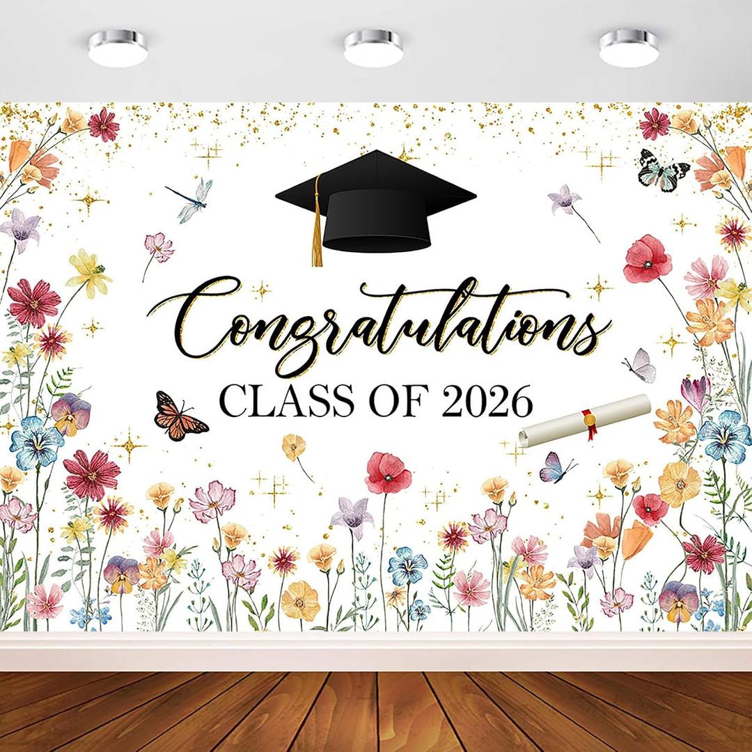 Avezano Wildflower Graduation Backdrop Watercolor Floral Class of 2026 Graduation Party Decorations Wildflower Themed 2026 Congrats Grad Banner (10x7ft)