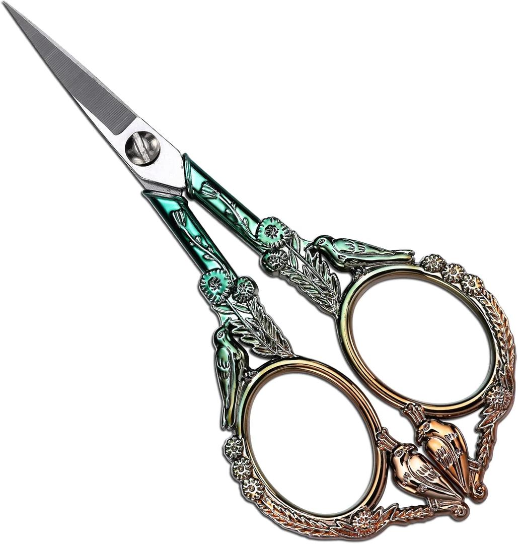 Embroidery Scissors, Sharp Pointed Sewing Scissors for Craft Cross Stitch Needlework Artwork Knitting Threading Small DIY Tools, 4.6in Gold Green Cute Bird