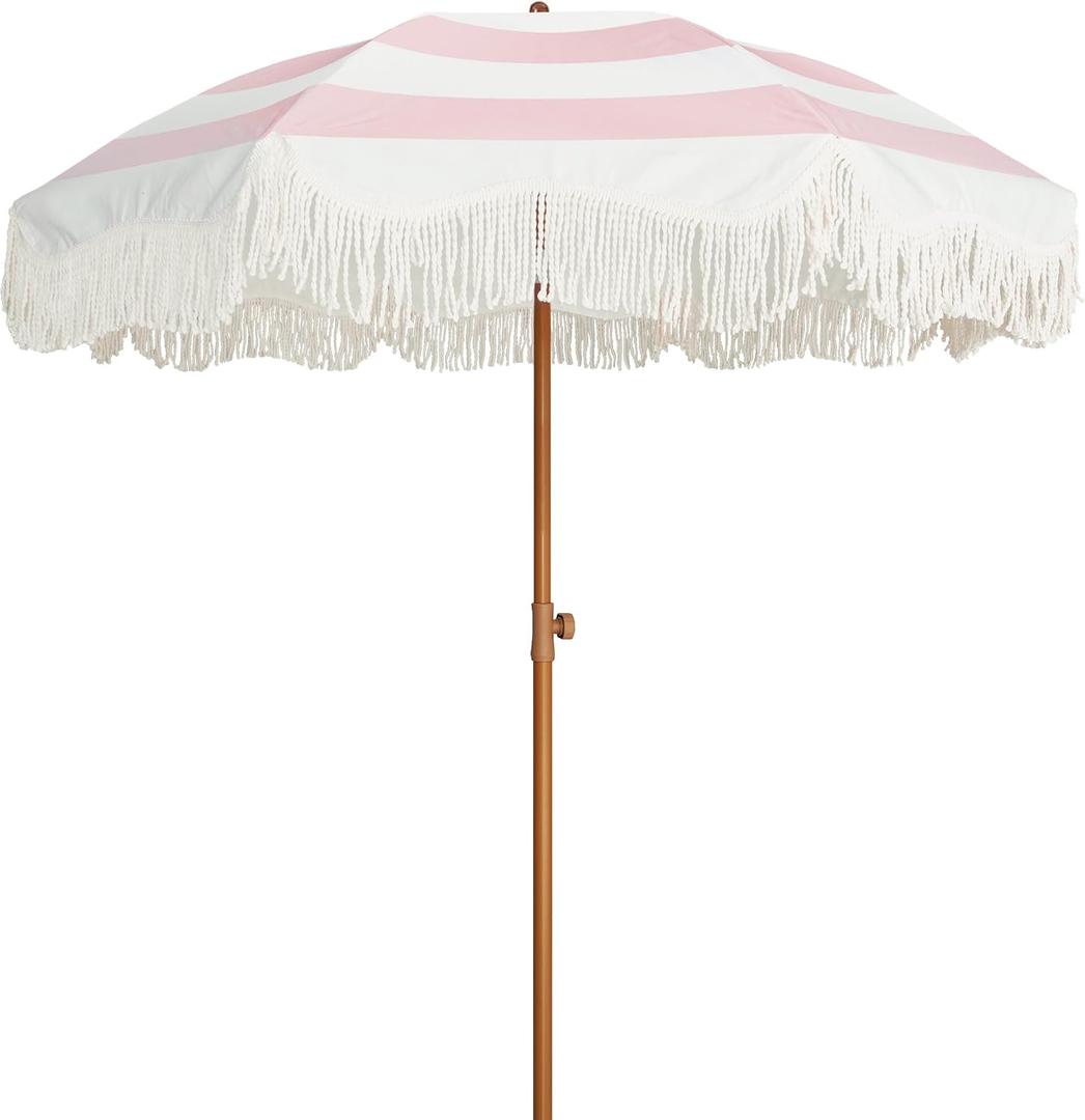 AMMSUN Boho Fringe Umbrella, 6.5ft Outdoor Umbrella with Tassel